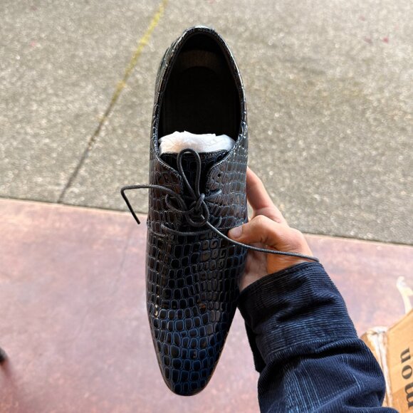 Santimon Men's US 8, 10 Blue Alligator Pattern Pointed Toe Lace Up Derby Shoes - Picture 6 of 11